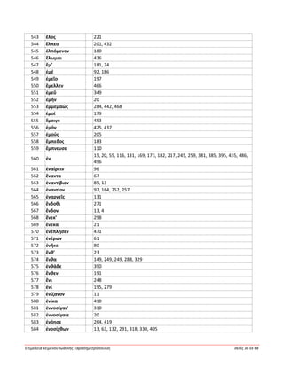 Ἐπιμέλεια κειμένου Ἰωάννης Καραδημητρόπουλος σελίς 38 ἐκ 68
543 ἕλος 221
544 ἔλπεο 201, 432
545 ἐλπόμενον 180
546 ἕλωμαι 436
547 ἔμ’ 181, 24
548 ἐμέ 92, 186
549 ἐμεῖο 197
550 ἔμελλεν 466
551 ἐμεῦ 349
552 ἐμήν 20
553 ἐμμεμαώς 284, 442, 468
554 ἐμοί 179
555 ἔμοιγε 453
556 ἐμόν 425, 437
557 ἐμούς 205
558 ἔμπεδος 183
559 ἔμπνευσε 110
560 ἐν
15, 20, 55, 116, 131, 169, 173, 182, 217, 245, 259, 381, 385, 395, 435, 486,
496
561 ἐναίρειν 96
562 ἔναντα 67
563 ἐναντίβιον 85, 13
564 ἐναντίον 97, 164, 252, 257
565 ἐναργεῖς 131
566 ἔνδοθι 271
567 ἔνδον 13, 4
568 ἕνεκ’ 298
569 ἕνεκα 21
570 ἐνέπλησεν 471
571 ἐνέρων 61
572 ἐνῆκε 80
573 ἔνθ’ 23
574 ἔνθα 149, 249, 249, 288, 329
575 ἐνθάδε 390
576 ἔνθεν 191
577 ἔνι 248
578 ἐνί 195, 279
579 ἐνίζανον 11
580 ἐνίκα 410
581 ἐννοσίγαι’ 310
582 ἐννοσίγαιε 20
583 ἐνόησε 264, 419
584 ἐνοσίχθων 13, 63, 132, 291, 318, 330, 405
 