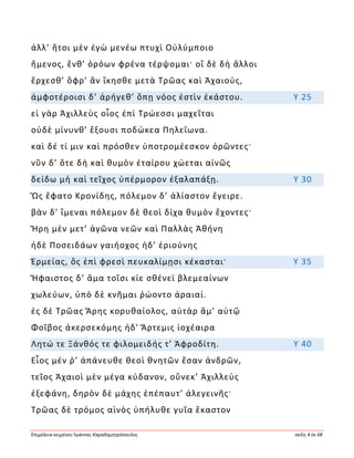 Ἐπιμέλεια κειμένου Ἰωάννης Καραδημητρόπουλος σελίς 4 ἐκ 68
ἀλλ’ ἤτοι μὲν ἐγὼ μενέω πτυχὶ Οὐλύμποιο
ἥμενος, ἔνθ’ ὁρόων φρένα τέρψομαι· οἳ δὲ δὴ ἄλλοι
ἔρχεσθ’ ὄφρ’ ἂν ἵκησθε μετὰ Τρῶας καὶ Ἀχαιούς,
ἀμφοτέροισι δ’ ἀρήγεθ’ ὅπῃ νόος ἐστὶν ἑκάστου. Υ 25
εἰ γὰρ Ἀχιλλεὺς οἶος ἐπὶ Τρώεσσι μαχεῖται
οὐδὲ μίνυνθ’ ἕξουσι ποδώκεα Πηλεΐωνα.
καὶ δέ τί μιν καὶ πρόσθεν ὑποτρομέεσκον ὁρῶντες·
νῦν δ’ ὅτε δὴ καὶ θυμὸν ἑταίρου χώεται αἰνῶς
δείδω μὴ καὶ τεῖχος ὑπέρμορον ἐξαλαπάξῃ. Υ 30
Ὣς ἔφατο Κρονίδης, πόλεμον δ’ ἀλίαστον ἔγειρε.
βὰν δ’ ἴμεναι πόλεμον δὲ θεοὶ δίχα θυμὸν ἔχοντες·
Ἥρη μὲν μετ’ ἀγῶνα νεῶν καὶ Παλλὰς Ἀθήνη
ἠδὲ Ποσειδάων γαιήοχος ἠδ’ ἐριούνης
Ἑρμείας, ὃς ἐπὶ φρεσὶ πευκαλίμῃσι κέκασται· Υ 35
Ἥφαιστος δ’ ἅμα τοῖσι κίε σθένεϊ βλεμεαίνων
χωλεύων, ὑπὸ δὲ κνῆμαι ῥώοντο ἀραιαί.
ἐς δὲ Τρῶας Ἄρης κορυθαίολος, αὐτὰρ ἅμ’ αὐτῷ
Φοῖβος ἀκερσεκόμης ἠδ’ Ἄρτεμις ἰοχέαιρα
Λητώ τε Ξάνθός τε φιλομειδής τ’ Ἀφροδίτη. Υ 40
Εἷος μέν ῥ’ ἀπάνευθε θεοὶ θνητῶν ἔσαν ἀνδρῶν,
τεῖος Ἀχαιοὶ μὲν μέγα κύδανον, οὕνεκ’ Ἀχιλλεὺς
ἐξεφάνη, δηρὸν δὲ μάχης ἐπέπαυτ’ ἀλεγεινῆς·
Τρῶας δὲ τρόμος αἰνὸς ὑπήλυθε γυῖα ἕκαστον
 