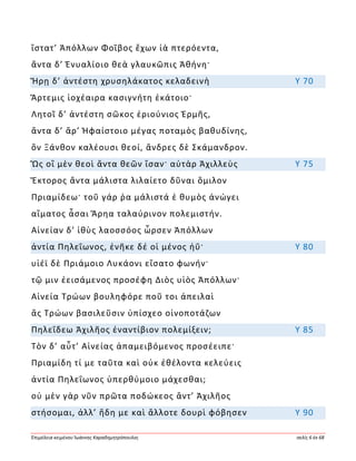 Ἐπιμέλεια κειμένου Ἰωάννης Καραδημητρόπουλος σελίς 6 ἐκ 68
ἵστατ’ Ἀπόλλων Φοῖβος ἔχων ἰὰ πτερόεντα,
ἄντα δ’ Ἐνυαλίοιο θεὰ γλαυκῶπις Ἀθήνη·
Ἥρῃ δ’ ἀντέστη χρυσηλάκατος κελαδεινὴ Υ 70
Ἄρτεμις ἰοχέαιρα κασιγνήτη ἑκάτοιο·
Λητοῖ δ’ ἀντέστη σῶκος ἐριούνιος Ἑρμῆς,
ἄντα δ’ ἄρ’ Ἡφαίστοιο μέγας ποταμὸς βαθυδίνης,
ὃν Ξάνθον καλέουσι θεοί, ἄνδρες δὲ Σκάμανδρον.
Ὣς οἳ μὲν θεοὶ ἄντα θεῶν ἴσαν· αὐτὰρ Ἀχιλλεὺς Υ 75
Ἕκτορος ἄντα μάλιστα λιλαίετο δῦναι ὅμιλον
Πριαμίδεω· τοῦ γάρ ῥα μάλιστά ἑ θυμὸς ἀνώγει
αἵματος ἆσαι Ἄρηα ταλαύρινον πολεμιστήν.
Αἰνείαν δ’ ἰθὺς λαοσσόος ὦρσεν Ἀπόλλων
ἀντία Πηλεΐωνος, ἐνῆκε δέ οἱ μένος ἠΰ· Υ 80
υἱέϊ δὲ Πριάμοιο Λυκάονι εἴσατο φωνήν·
τῷ μιν ἐεισάμενος προσέφη Διὸς υἱὸς Ἀπόλλων·
Αἰνεία Τρώων βουληφόρε ποῦ τοι ἀπειλαὶ
ἃς Τρώων βασιλεῦσιν ὑπίσχεο οἰνοποτάζων
Πηλεΐδεω Ἀχιλῆος ἐναντίβιον πολεμίξειν; Υ 85
Τὸν δ’ αὖτ’ Αἰνείας ἀπαμειβόμενος προσέειπε·
Πριαμίδη τί με ταῦτα καὶ οὐκ ἐθέλοντα κελεύεις
ἀντία Πηλεΐωνος ὑπερθύμοιο μάχεσθαι;
οὐ μὲν γὰρ νῦν πρῶτα ποδώκεος ἄντ’ Ἀχιλῆος
στήσομαι, ἀλλ’ ἤδη με καὶ ἄλλοτε δουρὶ φόβησεν Υ 90
 