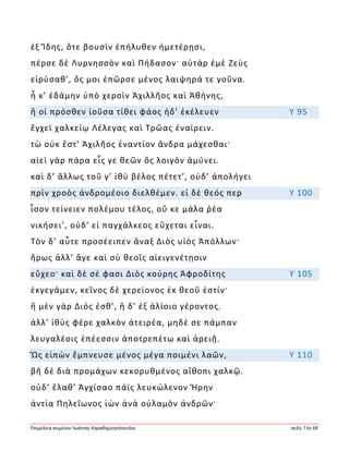 Ἐπιμέλεια κειμένου Ἰωάννης Καραδημητρόπουλος σελίς 7 ἐκ 68
ἐξ Ἴδης, ὅτε βουσὶν ἐπήλυθεν ἡμετέρῃσι,
πέρσε δὲ Λυρνησσὸν καὶ Πήδασον· αὐτὰρ ἐμὲ Ζεὺς
εἰρύσαθ’, ὅς μοι ἐπῶρσε μένος λαιψηρά τε γοῦνα.
ἦ κ’ ἐδάμην ὑπὸ χερσὶν Ἀχιλλῆος καὶ Ἀθήνης,
ἥ οἱ πρόσθεν ἰοῦσα τίθει φάος ἠδ’ ἐκέλευεν Υ 95
ἔγχεϊ χαλκείῳ Λέλεγας καὶ Τρῶας ἐναίρειν.
τὼ οὐκ ἔστ’ Ἀχιλῆος ἐναντίον ἄνδρα μάχεσθαι·
αἰεὶ γὰρ πάρα εἷς γε θεῶν ὃς λοιγὸν ἀμύνει.
καὶ δ’ ἄλλως τοῦ γ’ ἰθὺ βέλος πέτετ’, οὐδ’ ἀπολήγει
πρὶν χροὸς ἀνδρομέοιο διελθέμεν. εἰ δὲ θεός περ Υ 100
ἶσον τείνειεν πολέμου τέλος, οὔ κε μάλα ῥέα
νικήσει’, οὐδ’ εἰ παγχάλκεος εὔχεται εἶναι.
Τὸν δ’ αὖτε προσέειπεν ἄναξ Διὸς υἱὸς Ἀπόλλων·
ἥρως ἀλλ’ ἄγε καὶ σὺ θεοῖς αἰειγενέτῃσιν
εὔχεο· καὶ δὲ σέ φασι Διὸς κούρης Ἀφροδίτης Υ 105
ἐκγεγάμεν, κεῖνος δὲ χερείονος ἐκ θεοῦ ἐστίν·
ἣ μὲν γὰρ Διός ἐσθ’, ἣ δ’ ἐξ ἁλίοιο γέροντος.
ἀλλ’ ἰθὺς φέρε χαλκὸν ἀτειρέα, μηδέ σε πάμπαν
λευγαλέοις ἐπέεσσιν ἀποτρεπέτω καὶ ἀρειῇ.
Ὣς εἰπὼν ἔμπνευσε μένος μέγα ποιμένι λαῶν, Υ 110
βῆ δὲ διὰ προμάχων κεκορυθμένος αἴθοπι χαλκῷ.
οὐδ’ ἔλαθ’ Ἀγχίσαο πάϊς λευκώλενον Ἥρην
ἀντία Πηλεΐωνος ἰὼν ἀνὰ οὐλαμὸν ἀνδρῶν·
 