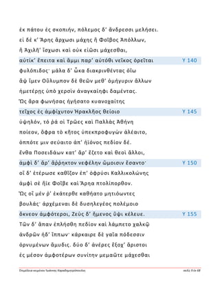 Ἐπιμέλεια κειμένου Ἰωάννης Καραδημητρόπουλος σελίς 9 ἐκ 68
ἐκ πάτου ἐς σκοπιήν, πόλεμος δ’ ἄνδρεσσι μελήσει.
εἰ δέ κ’ Ἄρης ἄρχωσι μάχης ἢ Φοῖβος Ἀπόλλων,
ἢ Ἀχιλῆ’ ἴσχωσι καὶ οὐκ εἰῶσι μάχεσθαι,
αὐτίκ’ ἔπειτα καὶ ἄμμι παρ’ αὐτόθι νεῖκος ὀρεῖται Υ 140
φυλόπιδος· μάλα δ’ ὦκα διακρινθέντας ὀΐω
ἂψ ἴμεν Οὔλυμπον δὲ θεῶν μεθ’ ὁμήγυριν ἄλλων
ἡμετέρῃς ὑπὸ χερσὶν ἀναγκαίηφι δαμέντας.
Ὣς ἄρα φωνήσας ἡγήσατο κυανοχαίτης
τεῖχος ἐς ἀμφίχυτον Ἡρακλῆος θείοιο Υ 145
ὑψηλόν, τό ῥά οἱ Τρῶες καὶ Παλλὰς Ἀθήνη
ποίεον, ὄφρα τὸ κῆτος ὑπεκπροφυγὼν ἀλέαιτο,
ὁππότε μιν σεύαιτο ἀπ’ ἠϊόνος πεδίον δέ.
ἔνθα Ποσειδάων κατ’ ἄρ’ ἕζετο καὶ θεοὶ ἄλλοι,
ἀμφὶ δ’ ἄρ’ ἄῤῥηκτον νεφέλην ὤμοισιν ἕσαντο· Υ 150
οἳ δ’ ἑτέρωσε καθῖζον ἐπ’ ὀφρύσι Καλλικολώνης
ἀμφὶ σὲ ἤϊε Φοῖβε καὶ Ἄρηα πτολίπορθον.
Ὣς οἳ μέν ῥ’ ἑκάτερθε καθήατο μητιόωντες
βουλάς· ἀρχέμεναι δὲ δυσηλεγέος πολέμοιο
ὄκνεον ἀμφότεροι, Ζεὺς δ’ ἥμενος ὕψι κέλευε. Υ 155
Τῶν δ’ ἅπαν ἐπλήσθη πεδίον καὶ λάμπετο χαλκῷ
ἀνδρῶν ἠδ’ ἵππων· κάρκαιρε δὲ γαῖα πόδεσσιν
ὀρνυμένων ἄμυδις. δύο δ’ ἀνέρες ἔξοχ’ ἄριστοι
ἐς μέσον ἀμφοτέρων συνίτην μεμαῶτε μάχεσθαι
 