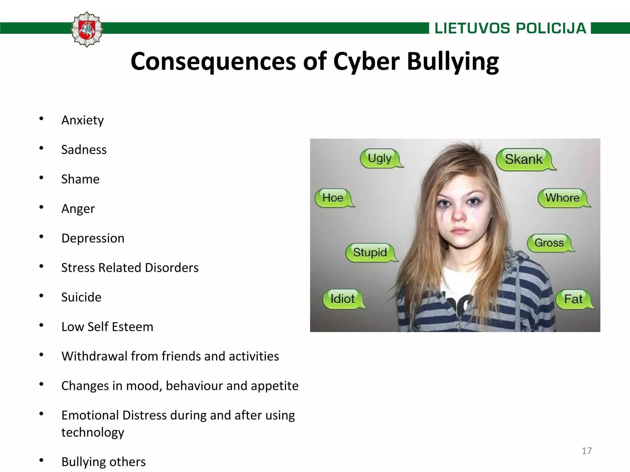 17
Consequences of Cyber Bullying

Anxiety

Sadness

Shame

Anger

Depression

Stress Related Disorders

Suicide

Low Self Esteem

Withdrawal from friends and activities

Changes in mood, behaviour and appetite

Emotional Distress during and after using
technology

Bullying others
 
