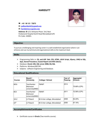 HARIDUTT
Objective:
To pursue a challenging and inspiring career in a well established organization where I can
enhance and use my technical and organizational skills to the maximum level.
Skills:
 Programming Skills in: C, C++, C#, and ASP .Net, CSS, HTML, JAVA Script, Ajax, JQuery,
Stored Procedure, Crystal Report and MVC (Basic) , LINQ.
 Database: Oracle 10G, SQL server 2008, MS Access, MySql.
 Platforms: Windows2007/XP.
 Subjects: software Engineering and Database.
Educational Qualifications:
Course
Board /
University College / School
Year of
Passing
Aggregate/
Division
MCA Teerthanker
Mahaveer
university(MBD)
TMIMT 2014
75.68% (CPI)
BCA Teerthanker
Mahaveer
university(MBD)
TMIMT 2011 72.58% (CPI)
10+2 U P Board M A Inter college ,Moradabad 2008 62.20%
10th
U P Board M A Inter college ,Moradabad 2006 67.16%
 Certificate course in Oracle (Two months course).
 Code and Canvas (Computer Programming Competition 2013, Meerut) Presented by Red
Faction Certificate of Participation.
Accomplishments/Certificates
 : +91 90 121 75075
: palharidutt62@gmail.com
Address: B-1/11 Ashiyana Phase 2nd, Near
Vivekanand Hospital Kanth Road Moradabad (UP)
Pin Code: 244001.
 