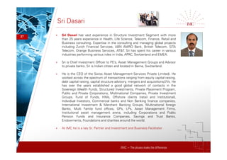 IMC – The pluses make the difference
Sri Dasari
27 + Sri Dasari has vast experience in Structure Investment Segment with more
than 25 years experience in Health, Life Science, Telecom, Finance, Retail and
Business consulting. Expertise in the consulting and managing global projects
including Zurich Financial Services, ABN AMRO Bank, British Telecom, SITA
Telecom, Orange Business Services, AT&T. Sri has spent his career in various
industries performing various roles in India, APAC, Switzerland and EMEA.
+ Sri is Chief Investment Officer to PE’s, Asset Management Groups and Advisor
to private banks. Sri is Indian citizen and located in Berne, Switzerland.
+ He is the CEO of the Swiss Asset Management Services Private Limited). He
worked across the spectrum of transactions ranging from equity capital raising,
debt capital raising, capital structure advisory, mergers and acquisitions/JVs. He
has over the years established a good global network of contacts in the
Sovereign Wealth Funds, Structured Investments, Private Placement Program,
Public and Private Corporations, Multinational Companies, Private Investment
Groups, Fund of Funds, HNIs, Offshore clients (retail and Institutional),
Individual Investors, Commercial banks and Non Banking finance companies,
International Investment & Merchant Banking Groups, Multinational foreign
Banks, Multi Family fund offices, GPs, LPs, Asset Management Firms,
Institutional asset management arena, including Corporations and Public
Pension Funds and Insurance Companies, Savings and Trust Banks,
Endowments, Foundations and charities around the world.
+ At IMC he is a key Sr. Partner and Investment and Business Facilitator
 