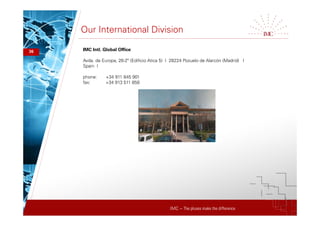 IMC – The pluses make the difference
Our International Division
36 IMC Intl. Global Office:
Avda. de Europa, 26-2º (Edificio Atica 5) I 28224 Pozuelo de Alarcón (Madrid) I
Spain I
phone: +34 911 845 901
fax: +34 913 511 858
 