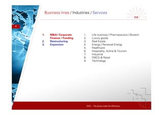 IMC – The pluses make the difference
Business lines / Industries / Services
1. M&A/ Corporate
Finance / Funding
2. Restructuring
3. Expansion
1. Life sciences / Pharmaceutics / Biotech
2. Luxury goods
3. Real Estate
4. Energy / Renewal Energy
5. Healthcare
6. Hospitality, Airline & Tourism
7. Industrial
8. FMCG & Retail
9. Technology
4
 