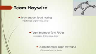 Team Haywire
 Team Leader Todd Moring
-Mechanical Engineering, Junior
Team member Tom Foster
-Aerospace Engineering, Junior
Team member Sean Rowland
-Computer Science, Junior
 