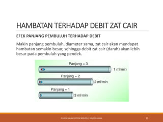 HAMBATAN TERHADAP DEBIT ZAT CAIR
EFEK PANJANG PEMBULUH TERHADAP DEBIT
Makin panjang pembuluh, diameter sama, zat cair akan mendapat
hambatan semakin besar, sehingga debit zat cair (darah) akan lebih
besar pada pembuluh yang pendek.
11FLUIDA DALAM SISTEM BIOLOGI | DAVID & HANA
 