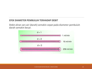 EFEK DIAMETER PEMBULUH TERHADAP DEBIT
Debit aliran zat cair (darah) semakin cepat pada diameter pembuluh
darah semakin besar.
12FLUIDA DALAM SISTEM BIOLOGI | DAVID & HANA
 