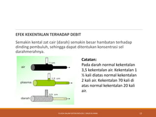 EFEK KEKENTALAN TERHADAP DEBIT
Semakin kental zat cair (darah) semakin besar hambatan terhadap
dinding pembuluh, sehingga dapat ditentukan konsentrasi sel
darahmerahnya.
13
Catatan:
Pada darah normal kekentalan
3,5 kekentalan air. Kekentalan 1
½ kali diatas normal kekentalan
2 kali air. Kekentalan 70 kali di
atas normal kekentalan 20 kali
air.
FLUIDA DALAM SISTEM BIOLOGI | DAVID & HANA
 