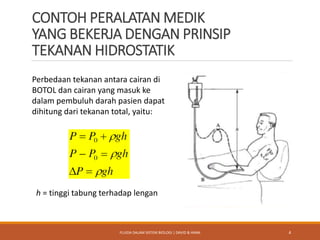 CONTOH PERALATAN MEDIK
YANG BEKERJA DENGAN PRINSIP
TEKANAN HIDROSTATIK
Perbedaan tekanan antara cairan di
BOTOL dan cairan yang masuk ke
dalam pembuluh darah pasien dapat
dihitung dari tekanan total, yaitu:
h = tinggi tabung terhadap lengan
4FLUIDA DALAM SISTEM BIOLOGI | DAVID & HANA
 