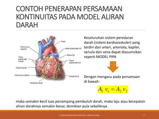 CONTOH PENERAPAN PERSAMAAN
KONTINUITAS PADA MODEL ALIRAN
DARAH
Keseluruhan sistem peredaran
darah (sistem kardiovaskuler) yang
terdiri dari arteri, arteriola, kapiler,
venula dan vena dapat diasumsikan
seperti MODEL PIPA
Dengan mengacu pada persamaan
di bawah:
maka semakin kecil luas penampang pembuluh darah, maka laju atau kecepatan
aliran darahnya semakin besar, demikian pula sebaliknya.
7FLUIDA DALAM SISTEM BIOLOGI | DAVID & HANA
 