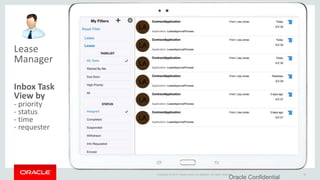 Copyright © 2014 Oracle and/or its affiliates. All rights reserved.
Oracle Confidential
16
Lease
Manager
Inbox Task
View by
- priority
- status
- time
- requester
 