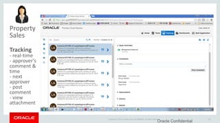 Copyright © 2014 Oracle and/or its affiliates. All rights reserved.
Property
Sales
Tracking
- real-time
- approver’s
comment &
time
- next
approver
- post
comment
- view
attachment
Oracle Confidential
20
 