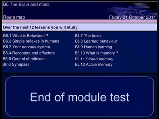 B6 The Brain and mind. Route map Over the next 12 lessons you will study : Friday 21 October 2011 B6.1 What is Behaviour ? B6.2 Simple reflexes in humans B6.3 Your nervous system B6.4 Receptors and effectors End of module test B6.5 Control of reflexes B6.6 Synapses B6.7 The brain B6.8 Learned behaviour B6.9 Human learning B6.10 What is memory ? B6.11 Stored memory B6.12 Active memory 