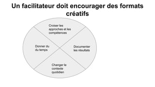 Un facilitateur doit encourager des formats
créatifs
Donner du
du temps
Croiser les
approches et les
compétences
Documenter
les résultats
Changer le
contexte
quotidien
 