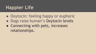 Happier Life 
● Oxytocin: feeling happy or euphoric 
● Dogs raise human’s Oxytocin levels 
● Connecting with pets, increases 
relationships. 
 