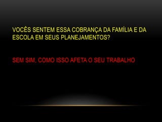 VOCÊS SENTEM ESSA COBRANÇA DA FAMÍLIA E DA
ESCOLA EM SEUS PLANEJAMENTOS?
SEM SIM, COMO ISSO AFETA O SEU TRABALHO
 