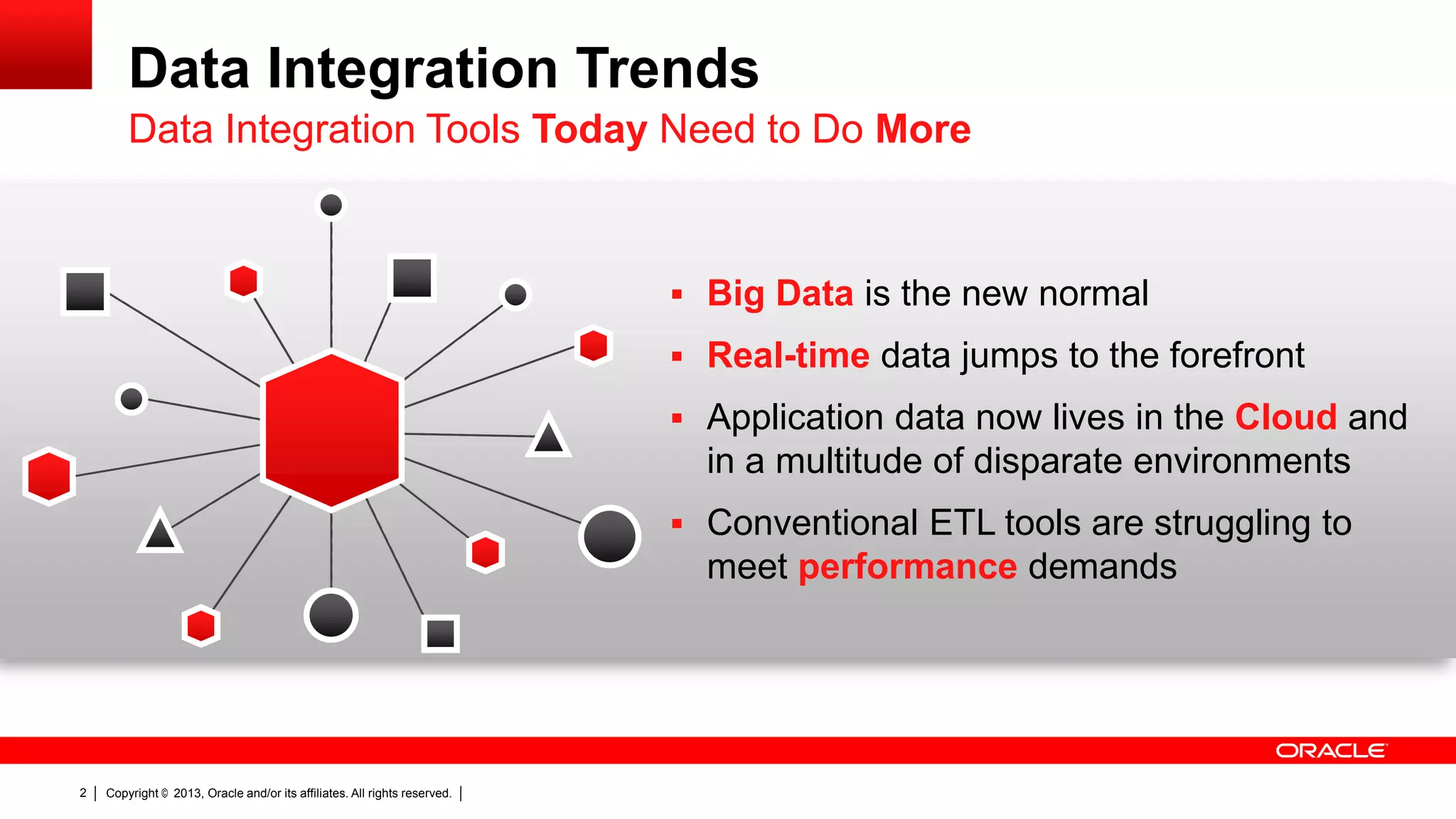 Data Integration Trends Data Integration Tools Today Need to Do More  Big Data is the new normal  Real-time data jumps to the forefront  Application data now lives in the Cloud and in a multitude of disparate environments  Conventional ETL tools are struggling to meet performance demands 2 Copyright © 2013, Oracle and/or its affiliates. All rights reserved. 