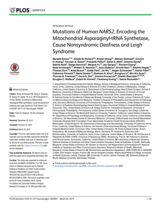 RESEARCH ARTICLE
Mutations of Human NARS2, Encoding the
Mitochondrial Asparaginyl-tRNA Synthetase,
Cause Nonsyndromic Deafness and Leigh
Syndrome
Mariella Simon1,2☯
, Elodie M. Richard3☯
, Xinjian Wang4☯
, Mohsin Shahzad3
, Vincent
H. Huang4
, Tanveer A. Qaiser5
, Prasanth Potluri6
, Sarah E. Mahl7
, Antonio Davila8
,
Sabiha Nazli5
, Saege Hancock9
, Margret Yu10
, Jay Gargus11
, Richard Chang2
,
Nada Al-sheqaih12
, William G. Newman12
, Jose Abdenur2
, Arnold Starr13
, Rashmi Hegde14
,
Thomas Dorn15
, Anke Busch16
, Eddie Park1
, Jie Wu17
, Hagen Schwenzer18
, Adrian Flierl19
,
Catherine Florentz18
, Marie Sissler18
, Shaheen N. Khan5
, Ronghua Li4
, Min-Xin Guan4
,
Thomas B. Friedman20
, Doris K. Wu21
, Vincent Procaccio22
, Sheikh Riazuddin23,24,25
,
Douglas C. Wallace6
, Zubair M. Ahmed3
, Taosheng Huang4
*, Saima Riazuddin3
*
1 Department of Developmental and Cellular Biology, School of Biological Sciences, University of California,
Irvine, Irvine, California, United States of America, 2 CHOC Childrens’, Division of Metabolics, Orange,
California, United States of America, 3 Department of Otorhinolaryngology Head & Neck Surgery, School of
Medicine, University of Maryland, Baltimore, Maryland, United States of America, 4 Division of Human
Genetics, Cincinnati Children’s Hospital Medical Center, Cincinnati, Ohio, United States of America,
5 National Center for Excellence in Molecular Biology, University of the Punjab, Lahore, Pakistan, 6 Center
for Mitochondrial and Epigenomic Medicine, Children’s Hospital of Philadelphia and Department of Pathology
and Laboratory Medicine, University of Pennsylvania, Philadelphia, Pennsylvania, United States of America,
7 Division of Pediatric Otolaryngology Head & Neck Surgery, Cincinnati Children’s Hospital Medical Center,
Cincinnati, Ohio, United States of America, 8 Smilow Center for Translational Research, University of
Pennsylvania, Philadelphia, Pennsylvania, United States of America, 9 Trovagene, San Diego, California,
United States of America, 10 Marshall B Ketchum University, Fullerton, California, United States of America,
11 Department of Physiology and Biophysics, University of California, Irvine, Irvine, California, United States
of America, 12 Manchester Centre for Genomic Medicine, University of Manchester and Central Manchester
University Hospitals NHS Foundation Trust, Manchester Academic Health Sciences Centre (MAHSC),
Manchester, United Kingdom, 13 Department of Neurology and Neurobiology, University of California, Irvine,
Irvine, California, United States of America, 14 Division of Developmental Biology, Cincinnati Children’s
Hospital Medical Center, Cincinnati, Ohio, United States of America, 15 Swiss Epilepsy Center, Zurich,
Switzerland, 16 Institute of Molecular Biology, Mainz, Germany, 17 Institute for Genomics and
Bioinformatics, University of California, Irvine, Irvine, California, United States of America, 18 Architecture et
Réactivité de l’ARN, CNRS, University of Strasbourg, IBMC, Strasbourg, France, 19 Parkinson’s Institute
and Clinical Center, Sunnyvale, California, United States of America, 20 Laboratory of Molecular Genetics,
National Institute on Deafness and Other Communication Disorders, National Institutes of Health, Bethesda,
Maryland, United States of America, 21 Section on Sensory Cell Regeneration and Development, National
Institute on Deafness and Other Communication Disorders, National Institutes of Health, Bethesda,
Maryland, United States of America, 22 Biochemistry and Genetics Department, UMR CNRS 6214–INSERM
U1083, CHU Angers, Angers, France, 23 Jinnah Hospital Complex, Allama Iqbal Medical College, University
of Health Sciences, Lahore, Pakistan, 24 University of Lahore, Lahore, Pakistan, 25 Shaheed Zulfiqar Ali
Bhutto Medical University, Islamabad, Pakistan
☯ These authors contributed equally to this work.
* taosheng.huang@cchmc.org (TH); sriazuddin@smail.umaryland.edu (SR)
PLOS Genetics | DOI:10.1371/journal.pgen.1005097 March 25, 2015 1 / 26
a11111
OPEN ACCESS
Citation: Simon M, Richard EM, Wang X, Shahzad
M, Huang VH, Qaiser TA, et al. (2015) Mutations of
Human NARS2, Encoding the Mitochondrial
Asparaginyl-tRNA Synthetase, Cause Nonsyndromic
Deafness and Leigh Syndrome. PLoS Genet 11(3):
e1005097. doi:10.1371/journal.pgen.1005097
Editor: Karen B. Avraham, Tel Aviv University,
ISRAEL
Received: December 26, 2014
Accepted: February 23, 2015
Published: March 25, 2015
Copyright: This is an open access article, free of all
copyright, and may be freely reproduced, distributed,
transmitted, modified, built upon, or otherwise used
by anyone for any lawful purpose. The work is made
available under the Creative Commons CC0 public
domain dedication.
Data Availability Statement: All relevant data are
within the paper and its Supporting Information files.
Funding: This study was supported by intramural
funds from the NIDCD DC000039-17 to TBF, by an
Action on Hearing Loss grant and by National
Institute on Deafness and Other Communication
Disorders (NIDCD/NIH) research grants
R01DC011803 and R01DC011748 to SR and
R01DC012564 to ZMA. This work is supported in part
by the UC Irvine Foundation, the S. Family
Foundation and Cincinnati Children’s Hospital
Research Foundation to TH, NIH grant NS21328,
 