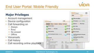 End User Portal: Mobile Friendly
Major Privileges
• Account management
• Device configuration
• Call forwarding on
 Always
 Busy
 No answer
 Offline
• Voicemails
• Call history
• Call recording online playback
9/29/2016 Vida Network Technologies, Inc. 10
 