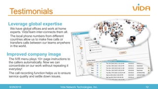 Testimonials
9/29/2016 Vida Network Technologies, Inc. 12
Improved company image
The IVR menu plays 10+ page instructions to
the callers automatically. Now we can
concentrate on our work without repeating it
everyday!
The call recording function helps us to ensure
service quality and settle down issues.
Leverage global expertise
We have global offices and work at home
experts. VidaTeam inter-connects them all.
The local phone numbers from different
countries allow us to make free calls or
transfers calls between our teams anywhere
in the world.
 