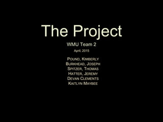 The Project
WMU Team 2
POUND, KIMBERLY
BURKHEAD, JOSEPH
SPITZER, THOMAS
HATTER, JEREMY
DEVAN CLEMENTS
KAITLYN MAYBEE
April, 2015
 