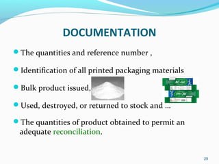 The quantities and reference number ,
Identification of all printed packaging materials
Bulk product issued,
Used, des...