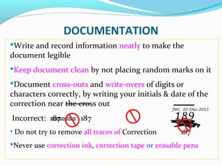 Write and record information neatly to make the
document legible
Keep document clean by not placing random marks on it
...