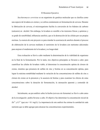 Retardation of Yeast Autolysis 12
El Resumen Ejecutivo
Saccharomyces cerevisiae es un organismo de genética molecular que se clasifica como
una especie de levadura en ciernes y se utiliza comúnmente en fermentación de cerveza. Durante
la fabricación de cerveza, el microorganismo facilita la conversión de los hidratos de carbono
(azúcares) en alcohol. Sin embargo, la levadura es sensible a las tensiones físicas y químicas y
su grado de sensibilidad, influencias autolisis, que es la destrucción de las células por sus propias
enzimas. La esencia de este proyecto es para retardar la ocurrencia de autolisis durante el proceso
de elaboración de la cerveza mediante el suministro de la levadura con nutrientes adicionales
para mejorar el rendimiento de la levadura y su longevidad.
Esta evaluación se llevó a cabo mediante la determinación de la viabilidad de organismo
en la final de la fermentación. Por lo tanto, tres objetivos principales se llevaron a cabo: para
cuantificar las células de levadura viable, al determinar la concentración optima de cloruro de
cromo, mientras que presencia de sulfato de zinc y biotina en su concentración optima, para
lograr la máxima rentabilidad mediante la variación de las concentraciones de sulfato de zinc u
cloruro de cromo en la presencia y la ausencia de biotina y para examinar los efectos de estas
concentraciones sobre la duración de fermentación, la atenuación aparente y contenido de
alcohol.
Inicialmente, un pre-análisis sobre la hierba (cerveza sin fermentar) se llevó a cabo antes
de la investigación podría llevarse a cabo. El objetivo fue determinar la concentración inicial de
Zn2+
y Cr3+
(que era < 0.1 mg/L). La importancia de este análisis fue estimar la cantidad de cada
nutriente que se debe agregar para alcanzar las concentraciones experimentales.
 