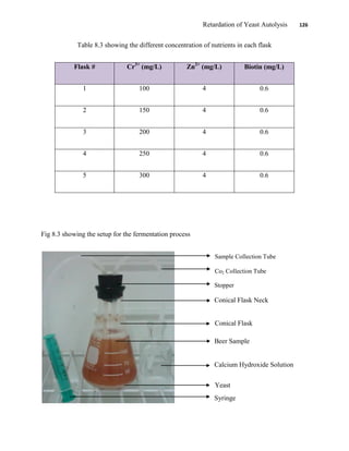 Retardation of Yeast Autolysis 126
Table 8.3 showing the different concentration of nutrients in each flask
Flask # Cr3+
(mg/L) Zn2+
(mg/L) Biotin (mg/L)
1 100 4 0.6
2 150 4 0.6
3 200 4 0.6
4 250 4 0.6
5 300 4 0.6
Fig 8.3 showing the setup for the fermentation process
Sample Collection Tube
Co2 Collection Tube
Stopper
Conical Flask Neck
Conical Flask
Beer Sample
Calcium Hydroxide Solution
Yeast
Syringe
 
