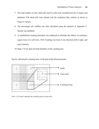 Retardation of Yeast Autolysis 133
7. The total number of cells, dead cells and live cells were recorded from the 5 regions and
tabulated. N.B. dead cells were stained with the methylene blue solution as shown in
Figure 8.7 below.
8. The percentage cell viability was then calculated using the equation in Appendix C.
Results was tabulated.
9. A standardized counting procedure was employed to eliminate the chance of counting a
square twice or a cell twice. N.B. Counting was done in one direction (left to right, and
top to bottom).
10. Steps 1-9 was done for both chambers on the counting area
Fig 8.6: showing the counting areas on the grid of the Hemocytometer.
Note: 1,2,3,4 and 5 represent the counting areas for yeast cells
Grids
Yeast cells
Counting Areas
 