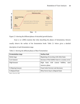 Retardation of Yeast Autolysis 24
Figure 2.1 showing the different phases of microbial growth kinetics
Esser et al. (2002) mention that when describing the phases of fermentation, brewers
usually observe the surface of the fermentation broth. Table 2.1 below gives a detailed
description of each fermentation stage.
Table 2.1 showing the different phases of Beer Fermentation
Fermentation stage Surface look
Initial stage Beginning of covering with white foam
Low krausen Increase of fine bubble foam to a creamy cover
High krausen High foam with coarser bubbles, most
intensive phase
Collapsing krausen Foam looks browner and decreases
Collapsed foam Dirty brown layer collapsed foam
Source: ( Esser et al., 2002)
 