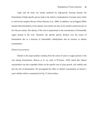 Retardation of Yeast Autolysis 26
Lager and ale beers are mostly produced by high-gravity brewing because the
fermentation of high specific gravity leads to the relative overproduction of acetate esters which
is vital for the complex flavour of beer (Saerens et al., 2008). In addition, Lea & Piggott (2003)
mention that fermentation of low-density wort results not only in low alcohol content but also in
low flavour content. The density of the wort is proportional to the concentration of fermentable
sugars present in the wort. Therefore, the specific gravity declines over the course of
fermentation due to a decrease in fermentable carbohydrates and an increase in ethanol
concentration.
Ethanol Concentration
Ethanol is the major product resulting from the action of yeast on sugars present in the
wort during fermentation. Beaven et al. (as cited in D‟Amore, 1992) stated that ethanol
concentration can have separable effects on the specific rate of yeast growth, cell viability and
also the rate of fermentation. He investigated the effect of ethanol concentration on brewer‟s
yeast viability which is summarized in Fig. 2.2 shown below.
 