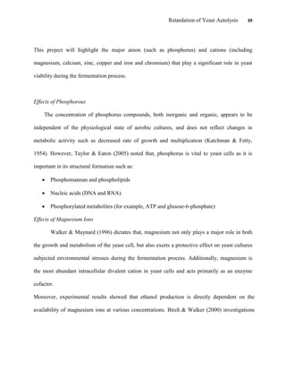 Retardation of Yeast Autolysis 39
This project will highlight the major anion (such as phosphorus) and cations (including
magnesium, calcium, zinc, copper and iron and chromium) that play a significant role in yeast
viability during the fermentation process.
Effects of Phosphorous
The concentration of phosphorus compounds, both inorganic and organic, appears to be
independent of the physiological state of aerobic cultures, and does not reflect changes in
metabolic activity such as decreased rate of growth and multiplication (Katchman & Fetty,
1954). However, Taylor & Eaton (2005) noted that, phosphorus is vital to yeast cells as it is
important in its structural formation such as:
 Phosphomannan and phospholipids
 Nucleic acids (DNA and RNA).
 Phosphorylated metabolites (for example, ATP and glusose-6-phosphate)
Effects of Magnesium Ions
Walker & Maynard (1996) dictates that, magnesium not only plays a major role in both
the growth and metabolism of the yeast cell, but also exerts a protective effect on yeast cultures
subjected environmental stresses during the fermentation process. Additionally, magnesium is
the most abundant intracellular divalent cation in yeast cells and acts primarily as an enzyme
cofactor.
Moreover, experimental results showed that ethanol production is directly dependent on the
availability of magnesium ions at various concentrations. Birch & Walker (2000) investigations
 