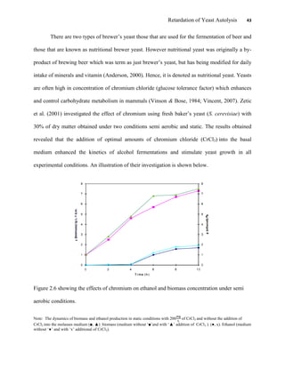 Retardation of Yeast Autolysis 43
There are two types of brewer‟s yeast those that are used for the fermentation of beer and
those that are known as nutritional brewer yeast. However nutritional yeast was originally a by-
product of brewing beer which was term as just brewer‟s yeast, but has being modified for daily
intake of minerals and vitamin (Anderson, 2000). Hence, it is denoted as nutritional yeast. Yeasts
are often high in concentration of chromium chloride (glucose tolerance factor) which enhances
and control carbohydrate metabolism in mammals (Vinson & Bose, 1984; Vincent, 2007). Zetic
et al. (2001) investigated the effect of chromium using fresh baker‟s yeast (S. cerevisiae) with
30% of dry matter obtained under two conditions semi aerobic and static. The results obtained
revealed that the addition of optimal amounts of chromium chloride (CrCl3) into the basal
medium enhanced the kinetics of alcohol fermentations and stimulate yeast growth in all
experimental conditions. An illustration of their investigation is shown below.
Figure 2.6 showing the effects of chromium on ethanol and biomass concentration under semi
aerobic conditions.
Note: The dynamics of biomass and ethanol production in static conditions with 200 of CrCl3 and without the addition of
CrCl3 into the molasses medium (■, ▲) , biomass (medium without „■‟and with „▲‟ addition of CrCl3 ). (●, x). Ethanol (medium
without „●‟ and with „x‟ additional of CrCl3).
 