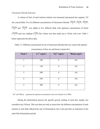 Retardation of Yeast Autolysis 56
Chromium Chloride Selection
A volume of 5mL of each nutrient solution was measured and poured into separate 125
mL conical flask. Five (5) different concentration of Chromium Chloride ,
and was added to five different flask with optimum concentration of biotin
( ) and zinc sulphate ( ).The volume was then made up to 125mL with wort. Table 1
below represents the above data.
Table 3.1: Different concentration levels of chromium chloride that was varied with optimal
concentration of Zinc ion and biotin (vitamin B7).
Flask # Cr3+
(mg/L) a
Zn2+
(mg/L) b
Biotin (mg/L)
1 100 4 0.6
2 150 4 0.6
3 200 4 0.6
4 250 4 0.6
5 300 4 0.6
a
Zn2+
and b
Biotin represents the optimum concentration in the wort (Synder et al. 2009).
During the fermentation process the specific gravity reading of each beer sample was
recorded every 24 hour. This was done not only to assess how the different concentration of each
nutrient in each flask affected the rate of fermentation, but it also provides an indication of the
end of the fermentation period.
 