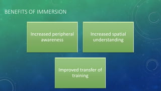 BENEFITS OF IMMERSION
Increased peripheral
awareness
Increased spatial
understanding
Improved transfer of
training
 
