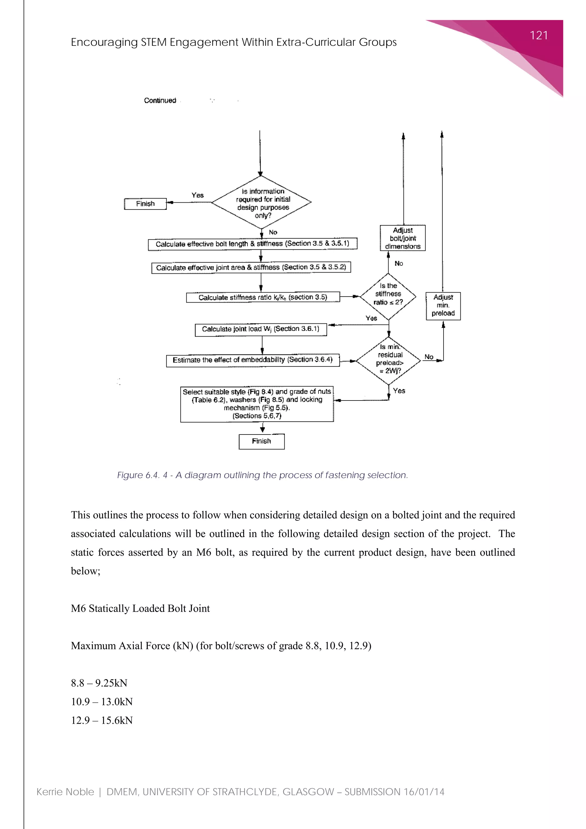 Encouraging STEM Engagement Within Extra-Curricular Groups
121
Kerrie Noble | DMEM, UNIVERSITY OF STRATHCLYDE, GLASGOW – SUBMISSION 16/01/14
This outlines the process to follow when considering detailed design on a bolted joint and the required
associated calculations will be outlined in the following detailed design section of the project. The
static forces asserted by an M6 bolt, as required by the current product design, have been outlined
below;
M6 Statically Loaded Bolt Joint
Maximum Axial Force (kN) (for bolt/screws of grade 8.8, 10.9, 12.9)
8.8 – 9.25kN
10.9 – 13.0kN
12.9 – 15.6kN
Figure 6.4. 4 - A diagram outlining the process of fastening selection.
 
