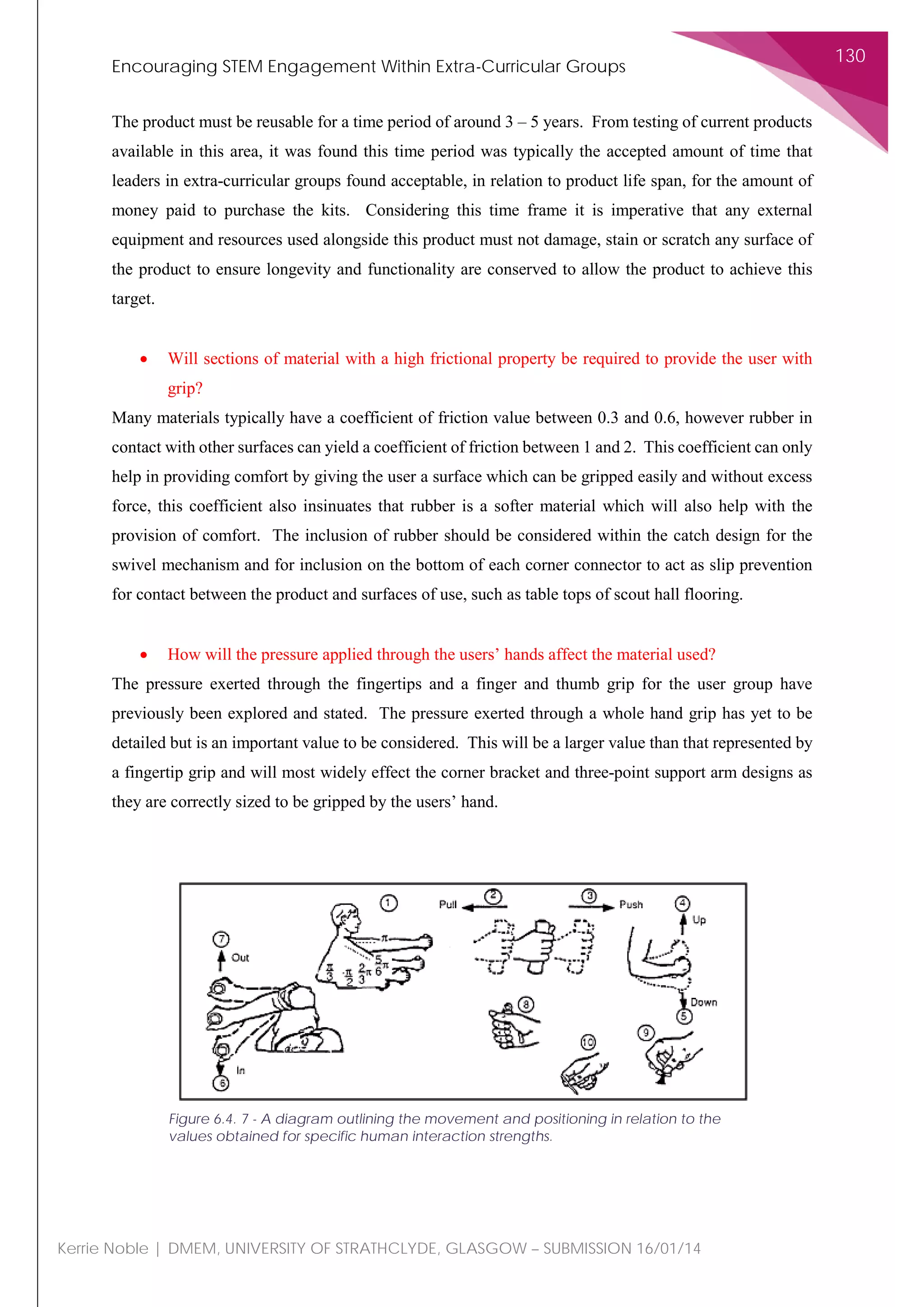 Encouraging STEM Engagement Within Extra-Curricular Groups
130
Kerrie Noble | DMEM, UNIVERSITY OF STRATHCLYDE, GLASGOW – SUBMISSION 16/01/14
The product must be reusable for a time period of around 3 – 5 years. From testing of current products
available in this area, it was found this time period was typically the accepted amount of time that
leaders in extra-curricular groups found acceptable, in relation to product life span, for the amount of
money paid to purchase the kits. Considering this time frame it is imperative that any external
equipment and resources used alongside this product must not damage, stain or scratch any surface of
the product to ensure longevity and functionality are conserved to allow the product to achieve this
target.
• Will sections of material with a high frictional property be required to provide the user with
grip?
Many materials typically have a coefficient of friction value between 0.3 and 0.6, however rubber in
contact with other surfaces can yield a coefficient of friction between 1 and 2. This coefficient can only
help in providing comfort by giving the user a surface which can be gripped easily and without excess
force, this coefficient also insinuates that rubber is a softer material which will also help with the
provision of comfort. The inclusion of rubber should be considered within the catch design for the
swivel mechanism and for inclusion on the bottom of each corner connector to act as slip prevention
for contact between the product and surfaces of use, such as table tops of scout hall flooring.
• How will the pressure applied through the users’ hands affect the material used?
The pressure exerted through the fingertips and a finger and thumb grip for the user group have
previously been explored and stated. The pressure exerted through a whole hand grip has yet to be
detailed but is an important value to be considered. This will be a larger value than that represented by
a fingertip grip and will most widely effect the corner bracket and three-point support arm designs as
they are correctly sized to be gripped by the users’ hand.
Figure 6.4. 7 - A diagram outlining the movement and positioning in relation to the
values obtained for specific human interaction strengths.
 