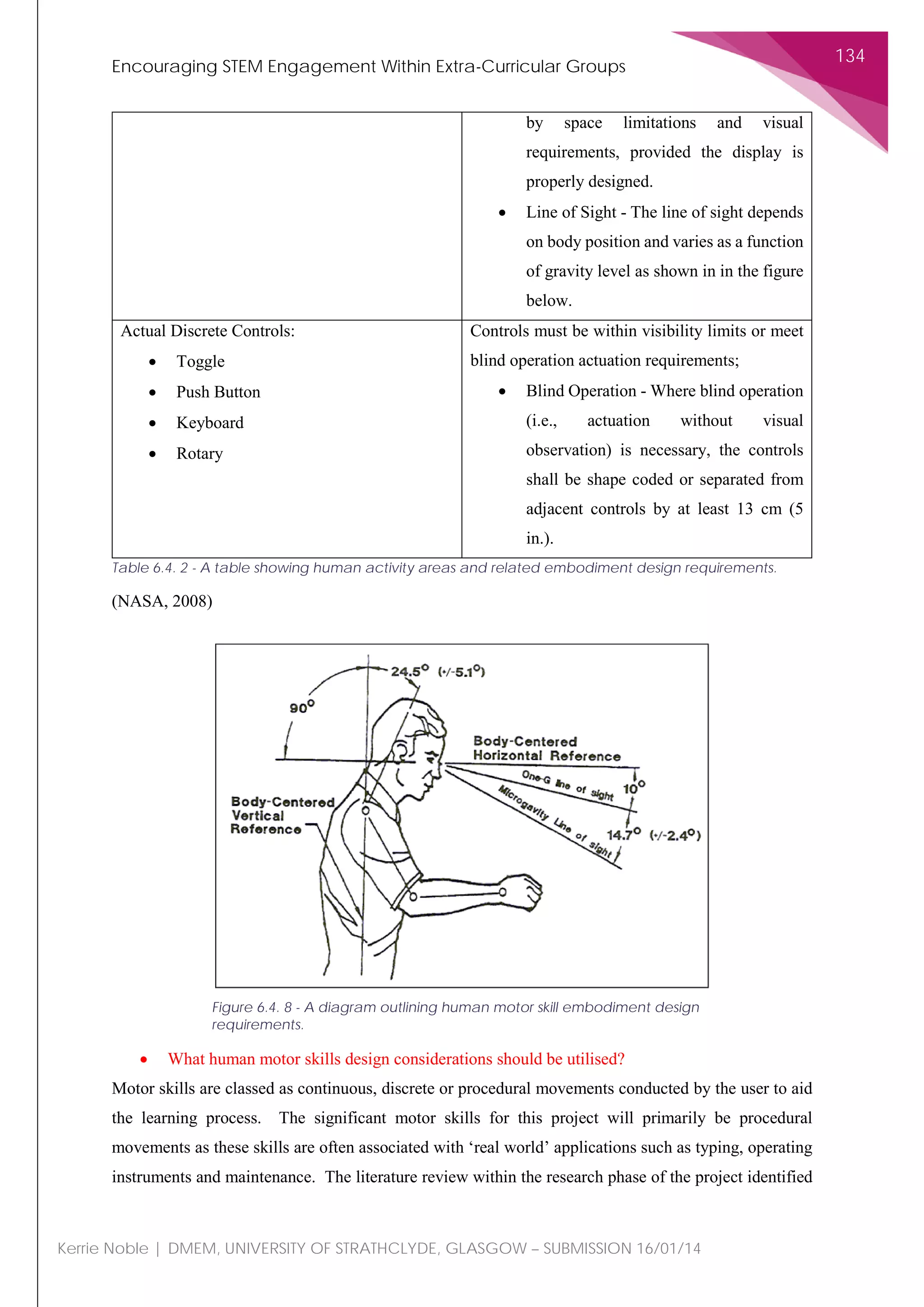 Encouraging STEM Engagement Within Extra-Curricular Groups
134
Kerrie Noble | DMEM, UNIVERSITY OF STRATHCLYDE, GLASGOW – SUBMISSION 16/01/14
by space limitations and visual
requirements, provided the display is
properly designed.
• Line of Sight - The line of sight depends
on body position and varies as a function
of gravity level as shown in in the figure
below.
Actual Discrete Controls:
• Toggle
• Push Button
• Keyboard
• Rotary
Controls must be within visibility limits or meet
blind operation actuation requirements;
• Blind Operation - Where blind operation
(i.e., actuation without visual
observation) is necessary, the controls
shall be shape coded or separated from
adjacent controls by at least 13 cm (5
in.).
Table 6.4. 2 - A table showing human activity areas and related embodiment design requirements.
(NASA, 2008)
• What human motor skills design considerations should be utilised?
Motor skills are classed as continuous, discrete or procedural movements conducted by the user to aid
the learning process. The significant motor skills for this project will primarily be procedural
movements as these skills are often associated with ‘real world’ applications such as typing, operating
instruments and maintenance. The literature review within the research phase of the project identified
Figure 6.4. 8 - A diagram outlining human motor skill embodiment design
requirements.
 