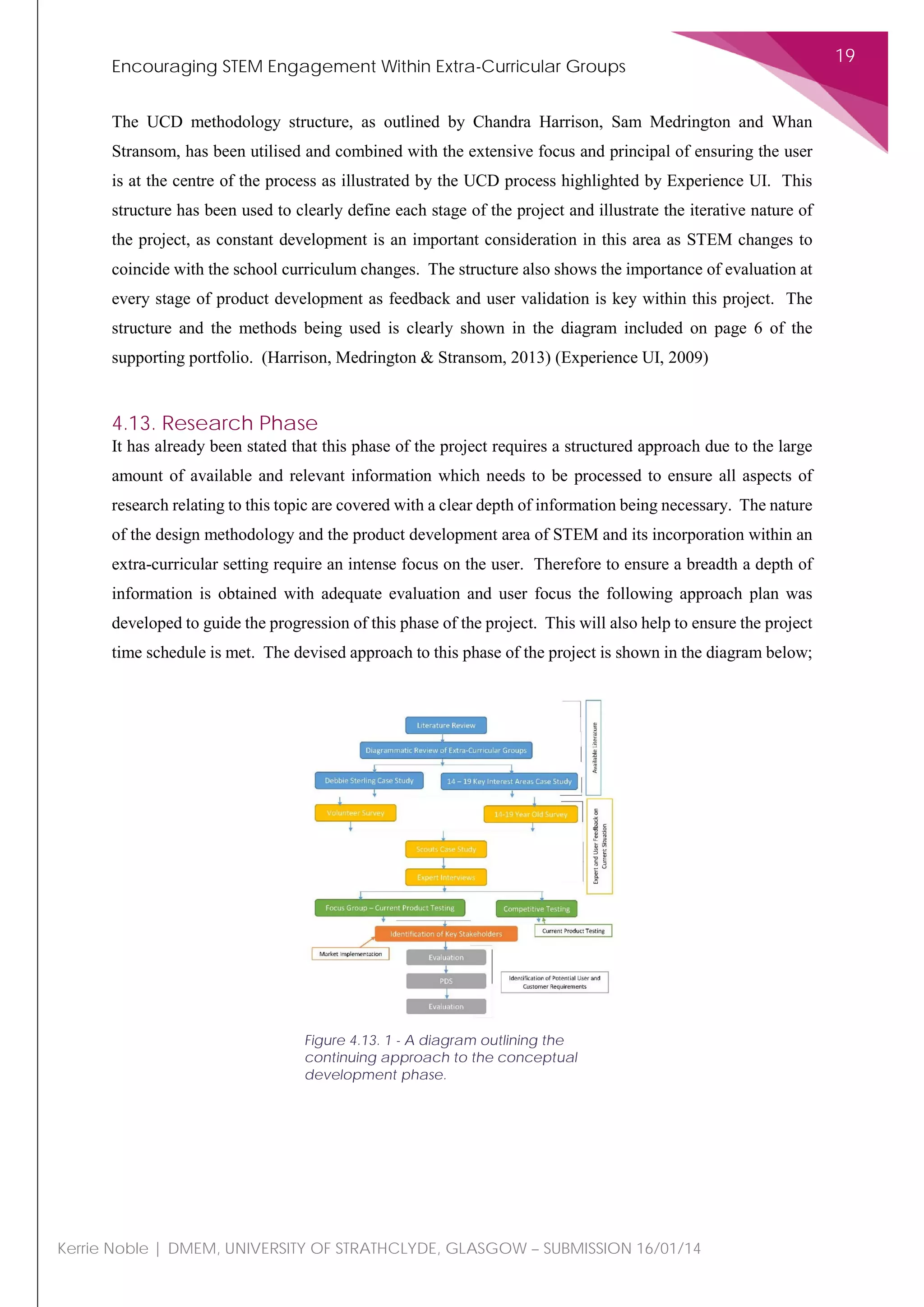 Encouraging STEM Engagement Within Extra-Curricular Groups
19
Kerrie Noble | DMEM, UNIVERSITY OF STRATHCLYDE, GLASGOW – SUBMISSION 16/01/14
The UCD methodology structure, as outlined by Chandra Harrison, Sam Medrington and Whan
Stransom, has been utilised and combined with the extensive focus and principal of ensuring the user
is at the centre of the process as illustrated by the UCD process highlighted by Experience UI. This
structure has been used to clearly define each stage of the project and illustrate the iterative nature of
the project, as constant development is an important consideration in this area as STEM changes to
coincide with the school curriculum changes. The structure also shows the importance of evaluation at
every stage of product development as feedback and user validation is key within this project. The
structure and the methods being used is clearly shown in the diagram included on page 6 of the
supporting portfolio. (Harrison, Medrington & Stransom, 2013) (Experience UI, 2009)
4.13. Research Phase
It has already been stated that this phase of the project requires a structured approach due to the large
amount of available and relevant information which needs to be processed to ensure all aspects of
research relating to this topic are covered with a clear depth of information being necessary. The nature
of the design methodology and the product development area of STEM and its incorporation within an
extra-curricular setting require an intense focus on the user. Therefore to ensure a breadth a depth of
information is obtained with adequate evaluation and user focus the following approach plan was
developed to guide the progression of this phase of the project. This will also help to ensure the project
time schedule is met. The devised approach to this phase of the project is shown in the diagram below;
Figure 4.13. 1 - A diagram outlining the
continuing approach to the conceptual
development phase.
 