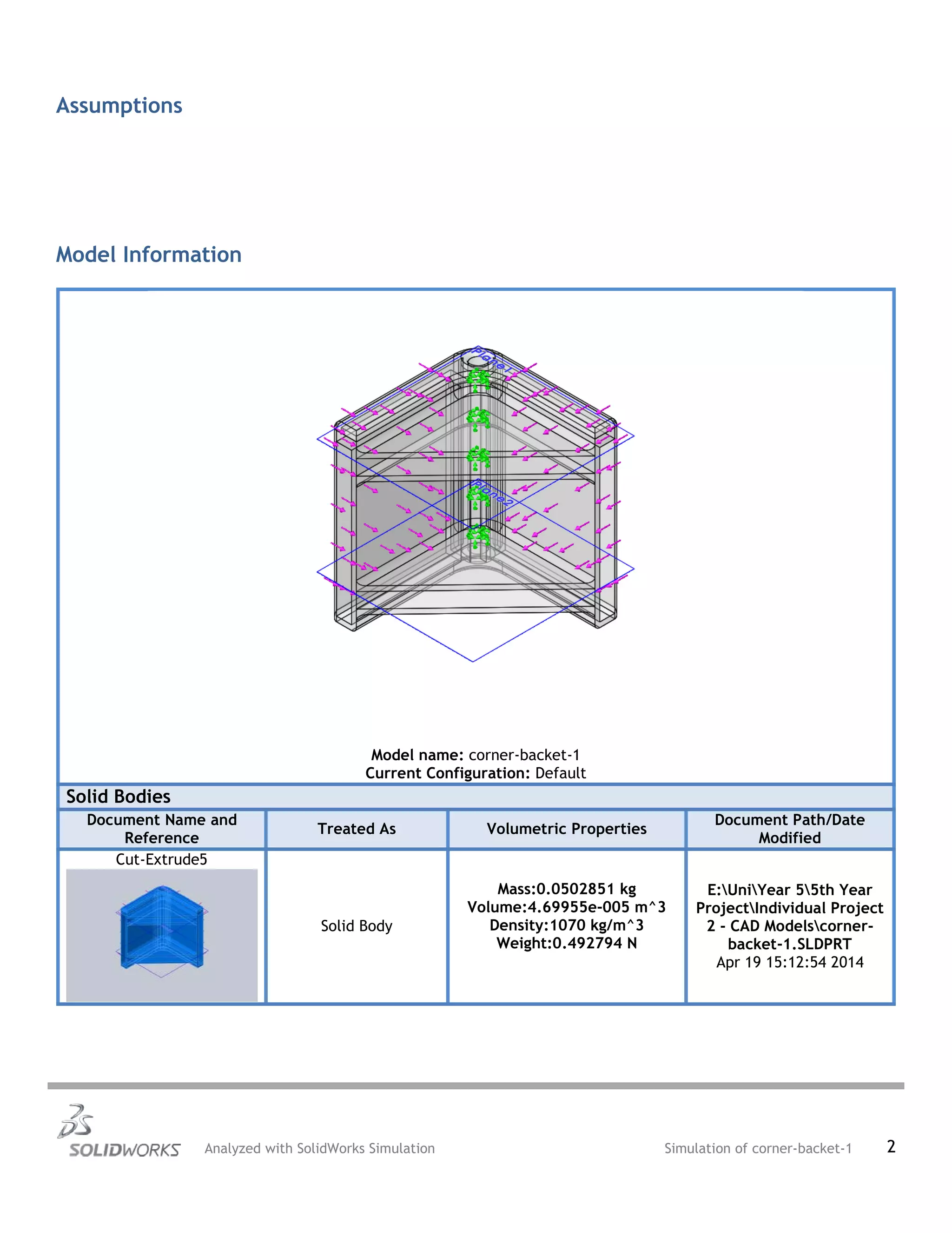 Assumptions
Model Information
Model name: corner-backet-1
Current Configuration: Default
Solid Bodies
Document Name and
Reference
Treated As Volumetric Properties
Document Path/Date
Modified
Cut-Extrude5
Solid Body
Mass:0.0502851 kg
Volume:4.69955e-005 m^3
Density:1070 kg/m^3
Weight:0.492794 N
E:UniYear 55th Year
ProjectIndividual Project
2 - CAD Modelscorner-
backet-1.SLDPRT
Apr 19 15:12:54 2014
Analyzed with SolidWorks Simulation Simulation of corner-backet-1 2
 