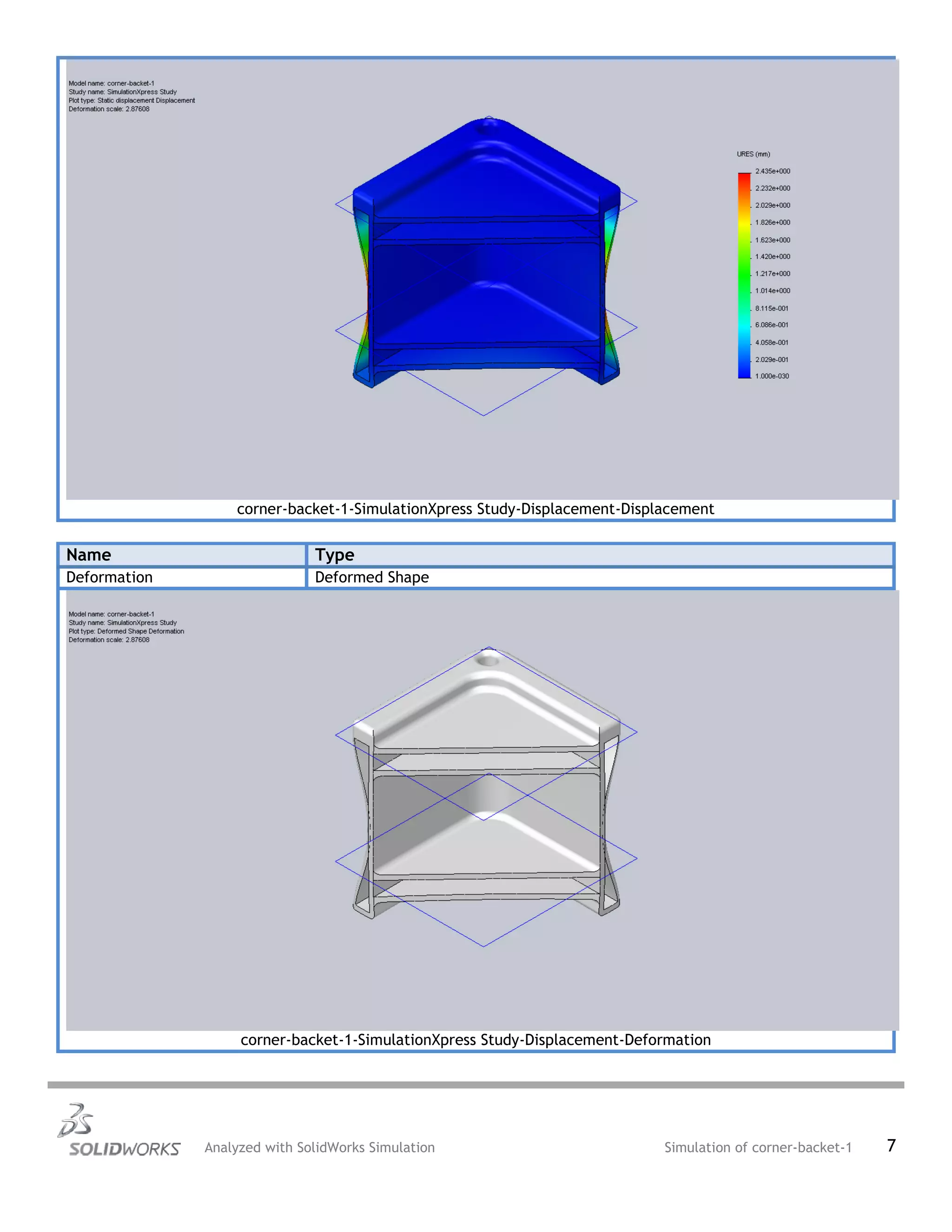 corner-backet-1-SimulationXpress Study-Displacement-Displacement
Name Type
Deformation Deformed Shape
corner-backet-1-SimulationXpress Study-Displacement-Deformation
Analyzed with SolidWorks Simulation Simulation of corner-backet-1 7
 