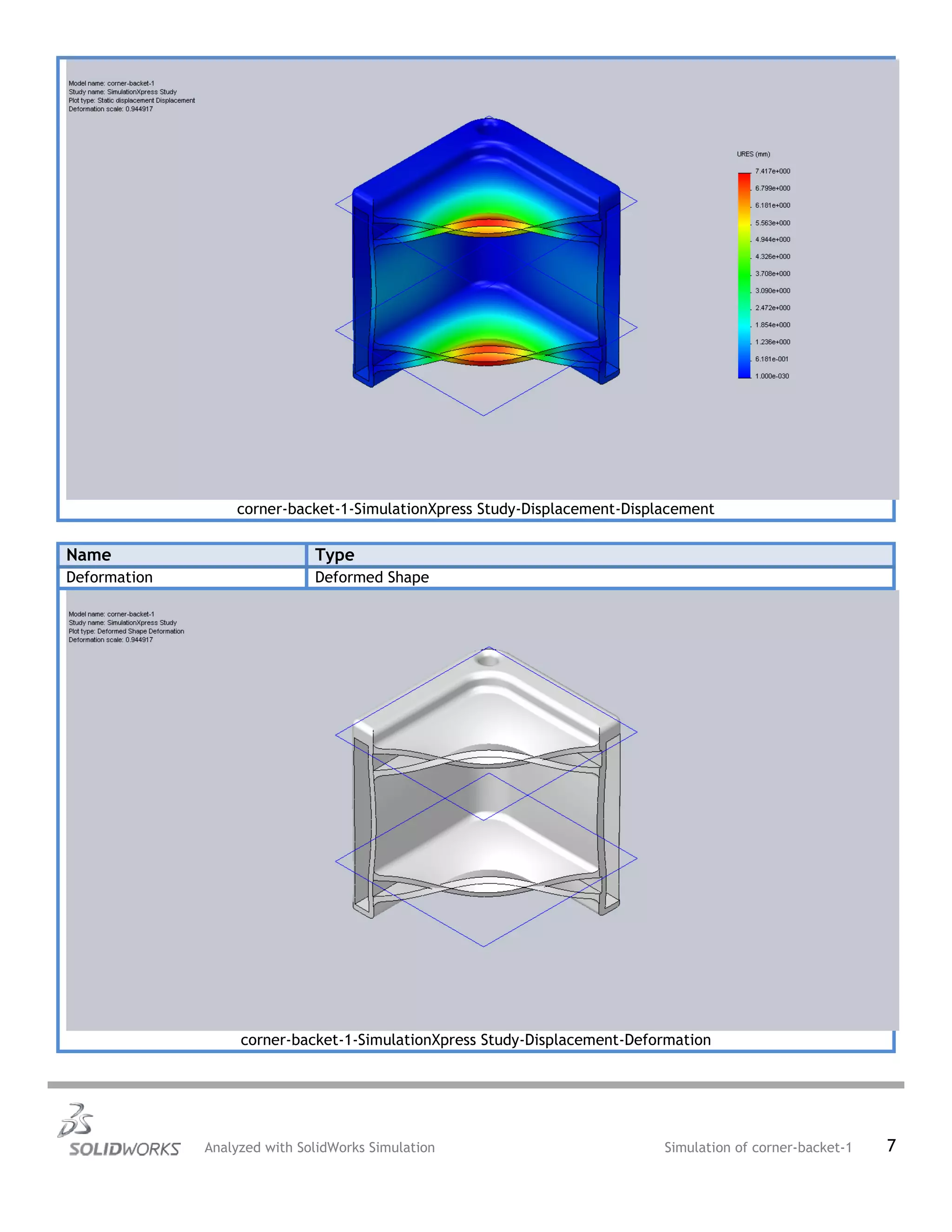 corner-backet-1-SimulationXpress Study-Displacement-Displacement
Name Type
Deformation Deformed Shape
corner-backet-1-SimulationXpress Study-Displacement-Deformation
Analyzed with SolidWorks Simulation Simulation of corner-backet-1 7
 