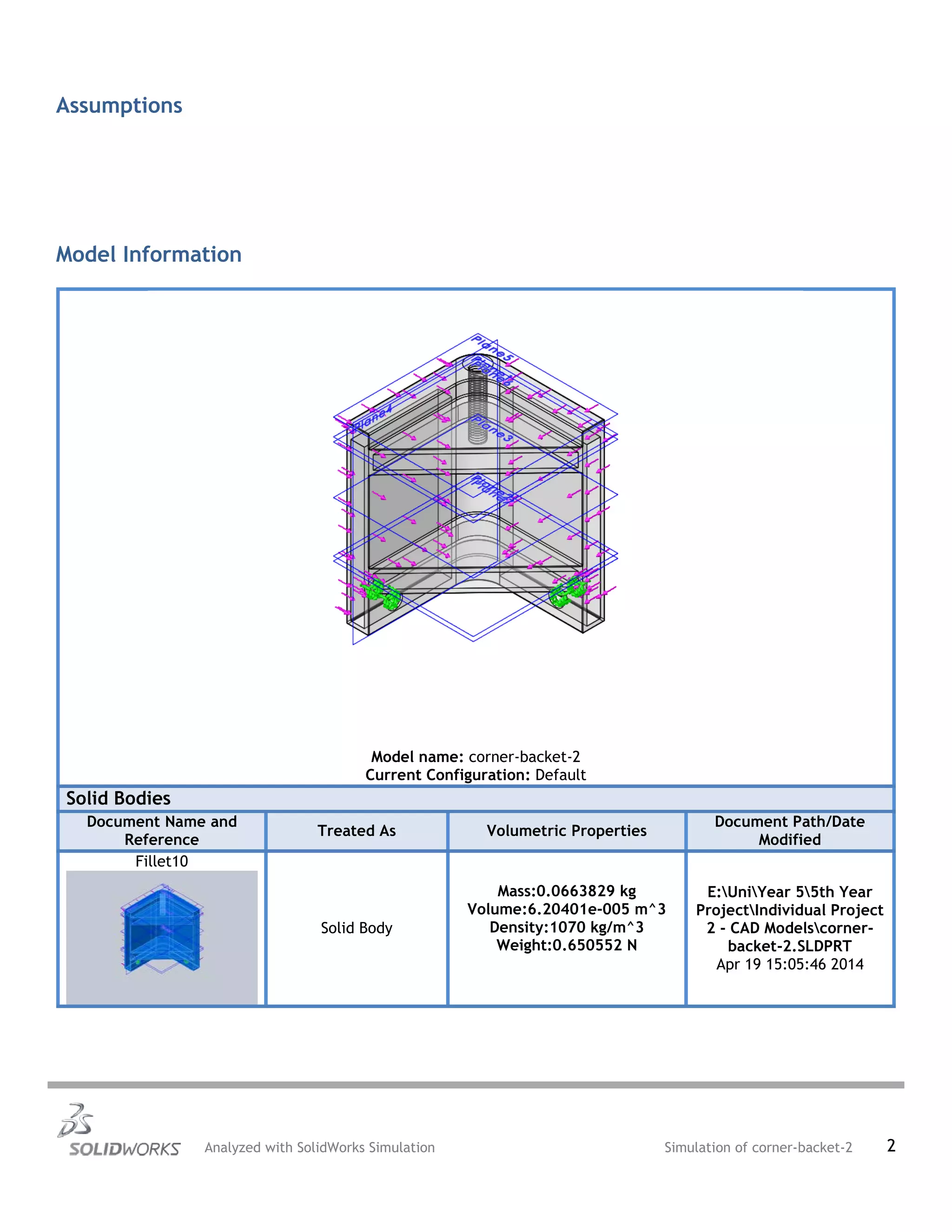 Assumptions
Model Information
Model name: corner-backet-2
Current Configuration: Default
Solid Bodies
Document Name and
Reference
Treated As Volumetric Properties
Document Path/Date
Modified
Fillet10
Solid Body
Mass:0.0663829 kg
Volume:6.20401e-005 m^3
Density:1070 kg/m^3
Weight:0.650552 N
E:UniYear 55th Year
ProjectIndividual Project
2 - CAD Modelscorner-
backet-2.SLDPRT
Apr 19 15:05:46 2014
Analyzed with SolidWorks Simulation Simulation of corner-backet-2 2
 