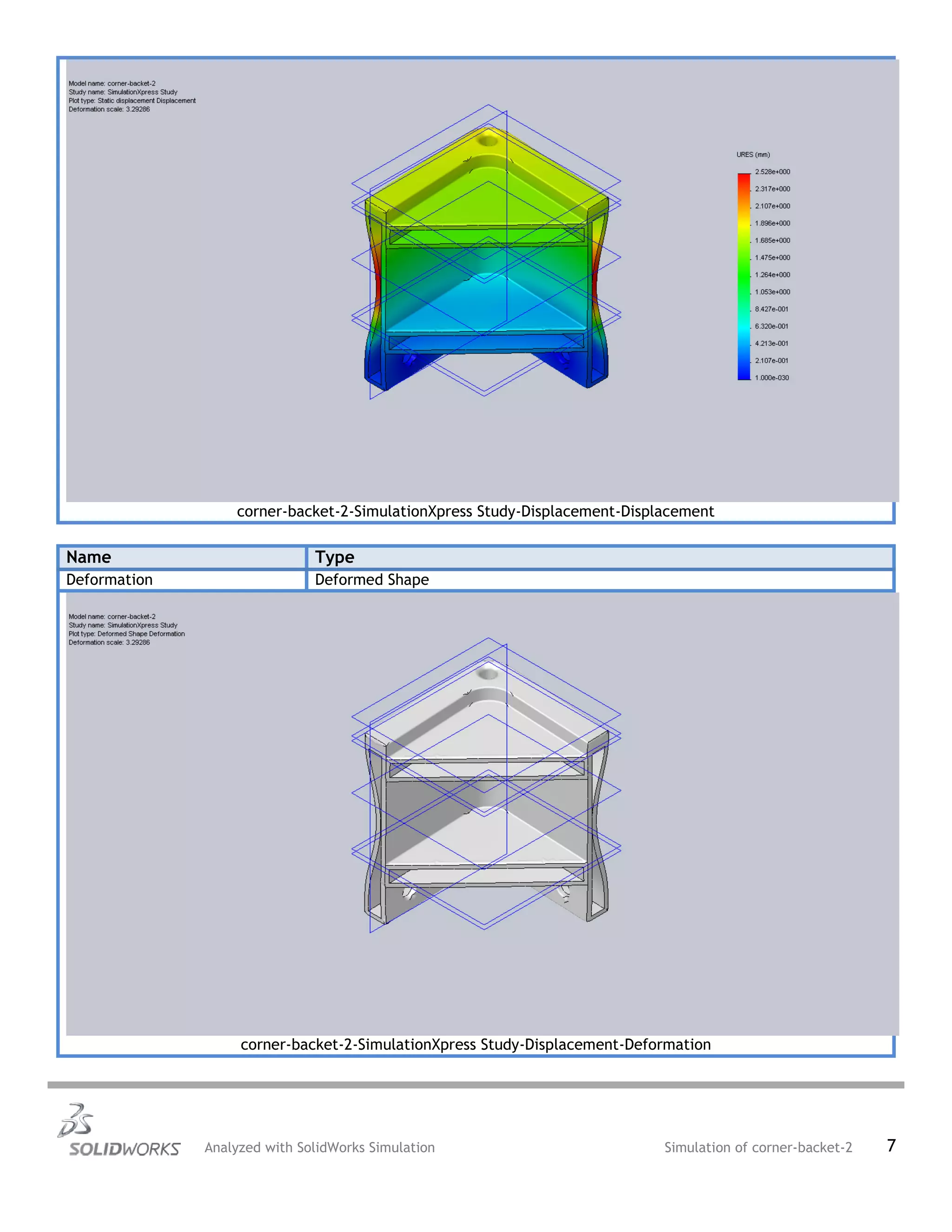 corner-backet-2-SimulationXpress Study-Displacement-Displacement
Name Type
Deformation Deformed Shape
corner-backet-2-SimulationXpress Study-Displacement-Deformation
Analyzed with SolidWorks Simulation Simulation of corner-backet-2 7
 