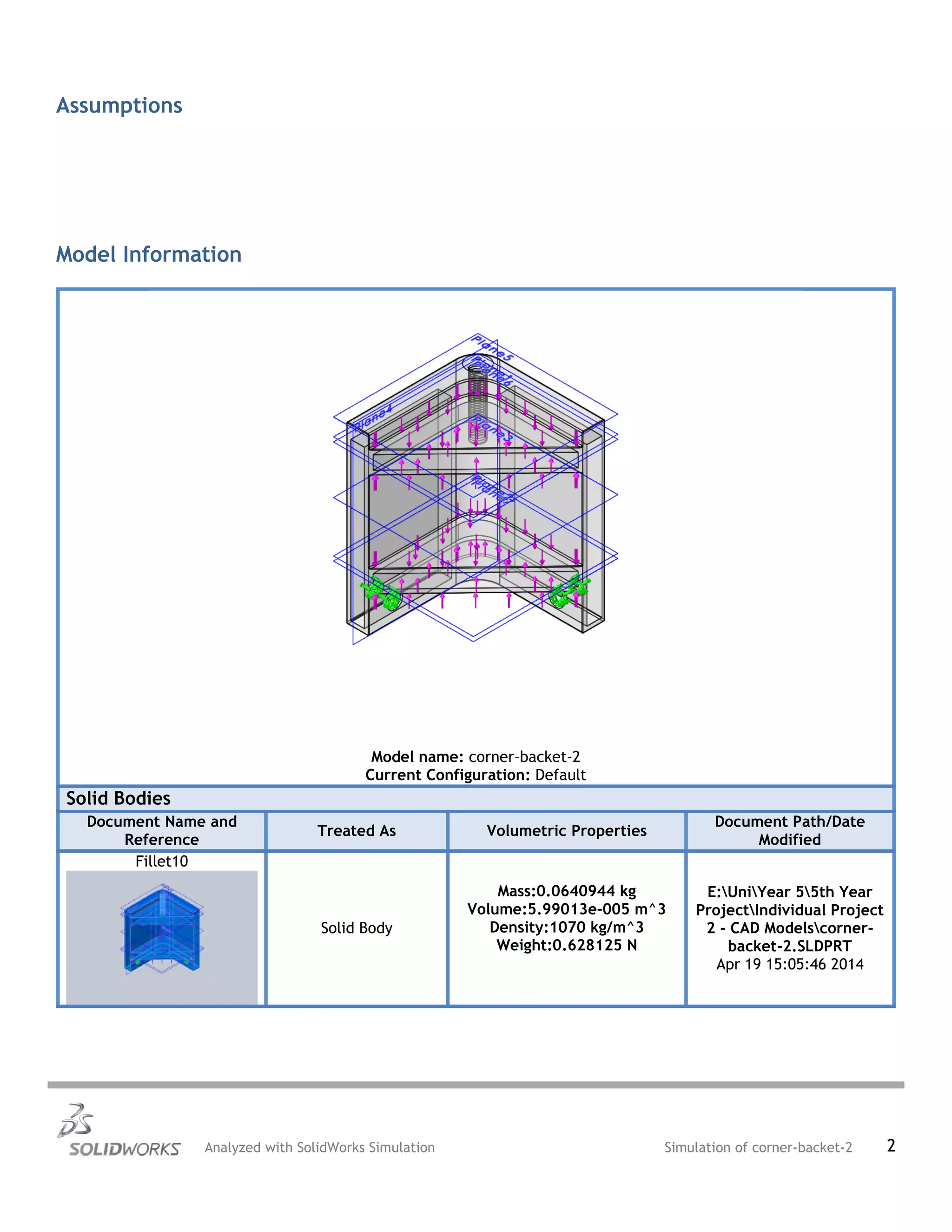Assumptions
Model Information
Model name: corner-backet-2
Current Configuration: Default
Solid Bodies
Document Name and
Reference
Treated As Volumetric Properties
Document Path/Date
Modified
Fillet10
Solid Body
Mass:0.0640944 kg
Volume:5.99013e-005 m^3
Density:1070 kg/m^3
Weight:0.628125 N
E:UniYear 55th Year
ProjectIndividual Project
2 - CAD Modelscorner-
backet-2.SLDPRT
Apr 19 15:05:46 2014
Analyzed with SolidWorks Simulation Simulation of corner-backet-2 2
 