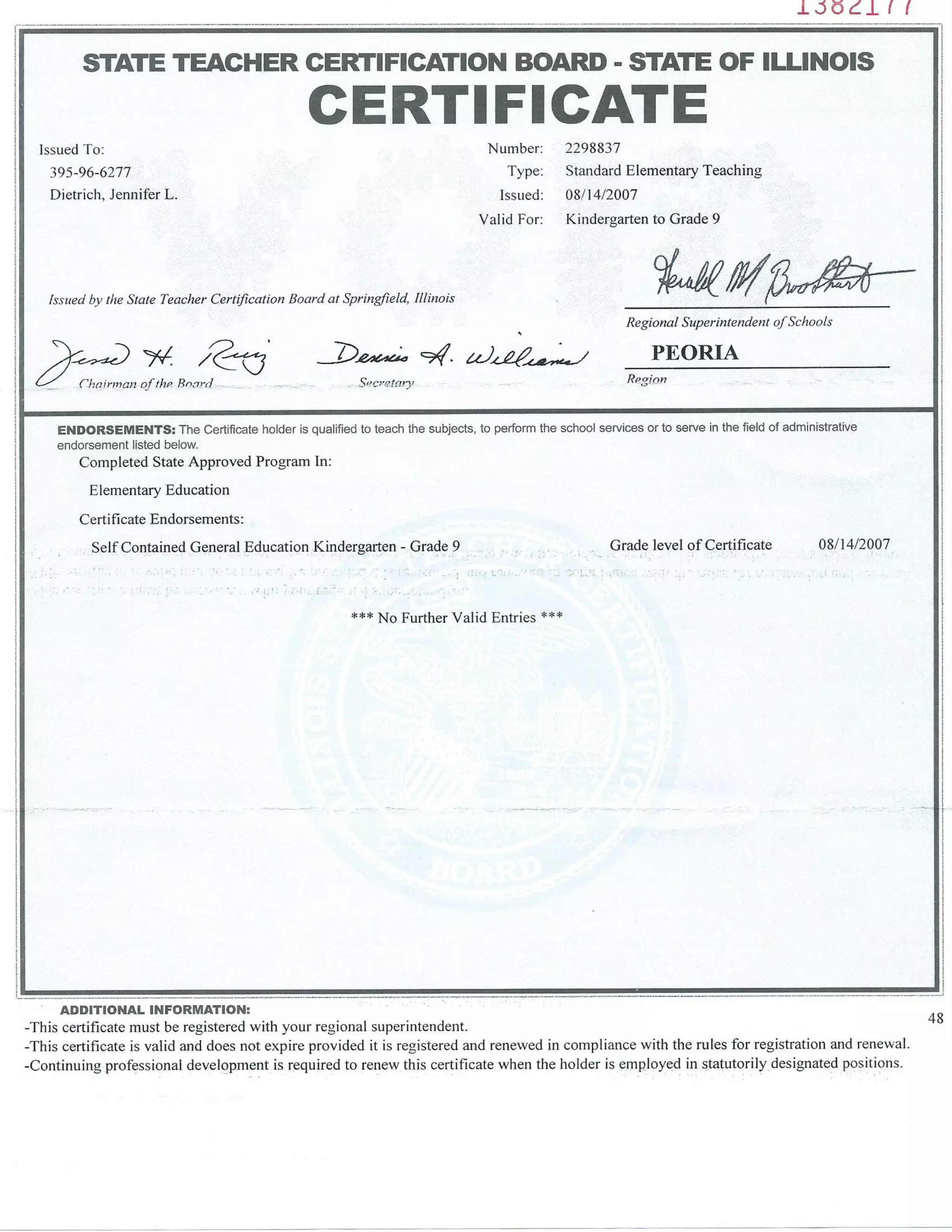Jennifer Dietrich Teacher Certificate | PDF