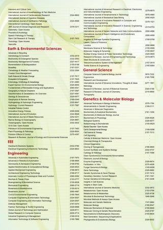 Genetics & Molecular Biology
Advanced Techniques in Biology & Medicine 2379-1764
Advancements in Genetic Engineering 2169-0111
Advances in Molecular Diagnostics -
Biochemistry & Analytical Biochemistry 2161-1009
Biochemistry & Molecular Biology Journal -
Biochemistry & Physiology 2329-9029
Biological Systems 2329-6577
Biotechnology & Biomaterials 2155-952X
Bipolar Disorder: OpenAccess -
Cell & Developmental Biology 2168-9296
Cell Science & Therapy 2157-7013
Cell Signaling -
Cellular & Molecular Medicine: Open Access -
Chemical Biology & Therapeutics -
Clinical Epigenetics -
Cloning & Transgenesis 2168-9849
Current Synthetic and Systems Biology 2332-0737
Cytology & Histology 2157-7099
Down Syndrome & Chromosome Abnormalities -
Electronic Journal of Biology -
Enzyme Engineering 2329-6674
Fertilization: in Vitro 2375-4508
Fungal Genomics & Biology 2165-8056
Gene Technology 2329-6682
Genetic Syndromes & Gene Therapy 2157-7412
Hereditary Genetics: Current Research 2161-1041
Human Genetics & Embryology 2161-0436
Insights in Cell Science -
Insights in Stem Cells -
International Journal of Genomic Medicine 2332-0672
Metabolomics: Open Access 2153-0769
Metabonomics & Metabolites 2325-9736
Microbial & Biochemical Technology 1948-5948
Microbial Methods & Assays Open Access -
Molecular and Genetic Medicine 1747-0862
Molecular Biology 2168-9547
Molecular Biomarkers & Diagnosis 2155-9929
Molecular Cloning & Genetic Recombination 2325-9787
Nanomedicine & Biotherapeutic Discovery 2155-983X
Next Generation: Sequencing & Applications -
Phylogenetics & Evolutionary Biology 2329-9002
General Science
Computer Science & Systems Biology Journal 0974-7230
Ergonomics 2165-7556
Research and Development -
International Journal of Advance Innovations, Thoughts & Ideas 2277-1891
Metrology -
Research & Reviews: Journal of Botanical Sciences 2320-0189
Research & Reviews: Journal of Chemistry 2319-9849
Tomography -
Intensive and Critical Care -
International Journal of Anesthesiology & Pain Medicine -
International Journal of Cardiovascular Research 2324-8602
International Journal of Digestive Diseases -
International Journal of Ophthalmic Pathology 2324-8599
Interventional Cardiology: Open Access -
JBR Journal of Clinical Diagnosis and Research 2376-0311
Optometry: Open Access -
Phonetics & Audiology -
Speech Pathology & Therapy -
Stem Cell Research & Therapy 2157-7633
Toxicology: Open Access -
Vasculitis -
Engineering
EEE
Electrical & Electronic Systems 2332-0796
Electrical Engineering & Electronic Technology 2325-9833
Advances in Recycling -
Astrobiology & Outreach 2332-2519
Biodiversity & Endangered Species 2332-2543
Biodiversity Management & Forestry 2327-4417
Bioremediation & Biodegradation 2155-6199
Biosafety 2167-0331
Climatology & Weather Forecasting 2332-2594
Coastal Zone Management -
Earth Science & Climatic Change 2157-7617
Ecosystem & Ecography 2157-7625
Entomology, Ornithology & Herpetology 2161-0983
Expert Opinion On Environmental Biology 2325-9655
Fundamentals of Renewable Energy and Applications 2090-4541
Geography & Natural Disasters 2167-0587
Geoinformatics & Geostatistics: An Overview 2327-4581
Geology & Geosciences 2329-6577
Geophysics & Remote Sensing 2169-0049
Hydrogeology & Hydrologic Engineering 2325-9647
Hydrology: Current Research 2157-7587
Industrial Pollution Control -
Innovative Energy Policies 2090-5009
International Journal of Evolution 2324-8548
International Journal of Waste Resources 2252-5211
Marine Biology & Oceanography 2324-8661
Oceanography: Open Access 2332-2632
Oil & Gas: Open Access -
Petroleum & Environmental Engineering 2157-7463
Plant Physiology & Pathology 2329-955X
Pollution Effects & Control 2375-4397
Research & Reviews: Journal of Ecology and Environmental Sciences -
Earth & Environmental Sciences
Advances in Automobile Engineering 2167-7670
Advances in Robotics & Automation 2168-9695
Aeronautics & Aerospace Engineering 2168-9792
Applied Bioinformatics & Computational Biology 2329-9533
Applied Mechanical Engineering 2168-9873
Architectural Engineering Technology 2168-9717
Automatic Control of Physiological State and Function 2090-5092
Biochips & Tissue Chips 2153-0777
Bioengineering & Biomedical Science 2155-9538
Biomusical Engineering 2090-2719
Biosensors & Bioelectronics 2155-6210
Biosensors Journal 2090-4967
Civil & Environmental Engineering 2165-784X
Computer Engineering & Information Technology 2324-9307
Computer Engineering and Information Technology 2324-9307
Defense Management 2167-0374
Fashion Technology & Textile Engineering 2329-9568
Global Journal of Technology and Optimization 2229-8711
Global Research in Computer Science 2229-371X
Industrial Engineering & Management 2169-0316
Information Technology & Software Engineering 2165-7866
International Journal of Advanced Research in Electrical, Electronics
and Instrumentation Engineering
2278-8875
International Journal of Advancements in Technology 0976-4860
International Journal of Biomedical Data Mining 2090-4924
International Journal of Innovative Research in Computer and
Communication Engineering
2278-1021
International Journal of Innovative Research in Science, Engineering
and Technology
2319-8753
International Journal of Sensor Networks and Data Communications 2090-4886
International Journal of Swarm Intelligence and Evolutionary
Computation
2090-4908
Irrigation & Drainage Systems Engineering 2168-9768
Lasers, Optics & Photonics -
Lovotics 2090-9888
Membrane Science & Technology 2155-9589
Molecular Imaging & Dynamics 2155-9937
Nuclear Energy Science & Power Generation Technology 2325-9809
Research & Reviews: Journal of Engineering and Technology 2319-9873
Steel Structures & Construction -
Telecommunications System & Management 2167-0919
Textile Science & Engineering 2165-8064
 